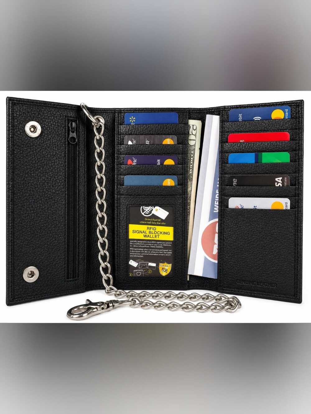 Men's Cowhide Black Leather Trifold Chain Motorcycle Biker Long Checkbook Wallet